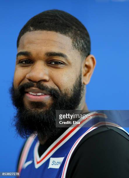 Amir Johnson of the Philadelphia 76ers poses for a portrait during the Philadelphia 76ers Media Day on September 25, 2017 at the Philadelphia 76ers...