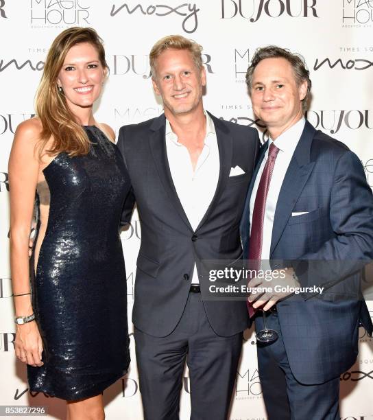 Renee Horan, Ward Simmons and Jason Binn attend the celebration of DuJour's fall cover star Uma Thurman at The Magic Hour at Moxy Times Square on...