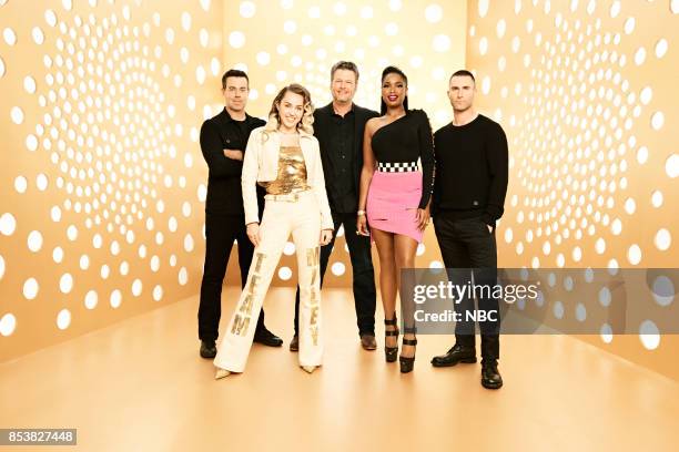 Pictured: Carson Daly, Miley Cyrus, Blake Shelton, Jennifer Hudson, Adam Levine --