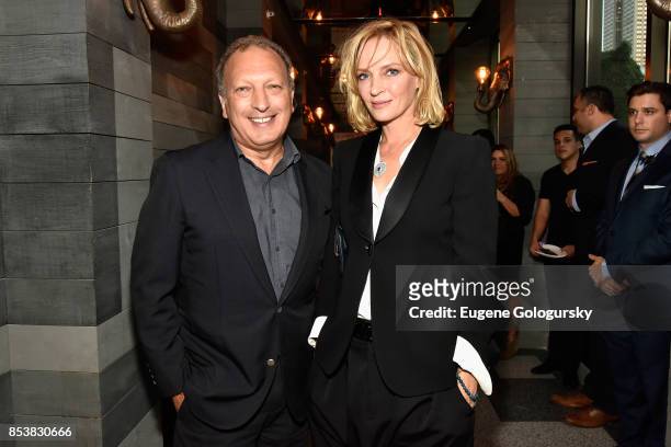 Mauricio Xavier and Uma Thurman attend the celebration of DuJour's fall cover star Uma Thurman at The Magic Hour at Moxy Times Square on September...