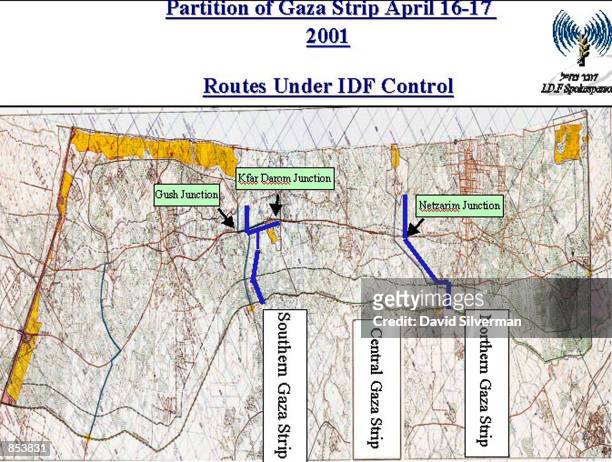Map issued by the Israeli Defense Force April 17, 2001 shows the areas of the Israeli partition, in blue, of the Gaza Strip. The partition was...