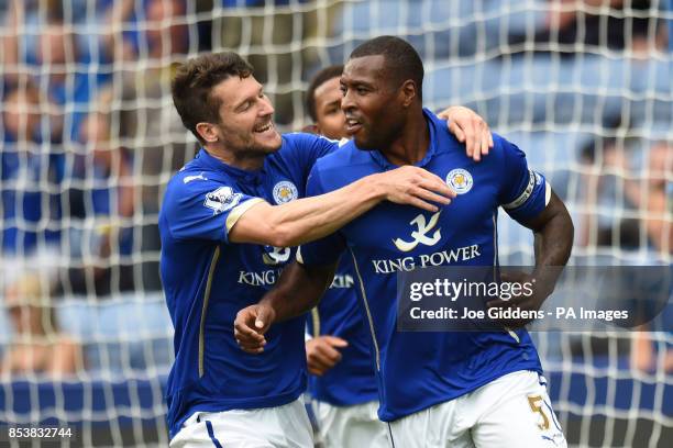 Leicester City's Wes Morgan celebrates scoring the only goal of the game during the pre-season friendly at the King Power Stadium, Leicester.