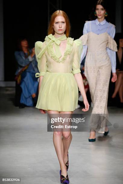 Model walks the runway at the Daizy Shely show during Milan Fashion Week Spring/Summer 2018 on September 25, 2017 in Milan, Italy.