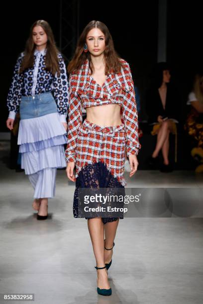Model walks the runway at the Daizy Shely show during Milan Fashion Week Spring/Summer 2018 on September 25, 2017 in Milan, Italy.