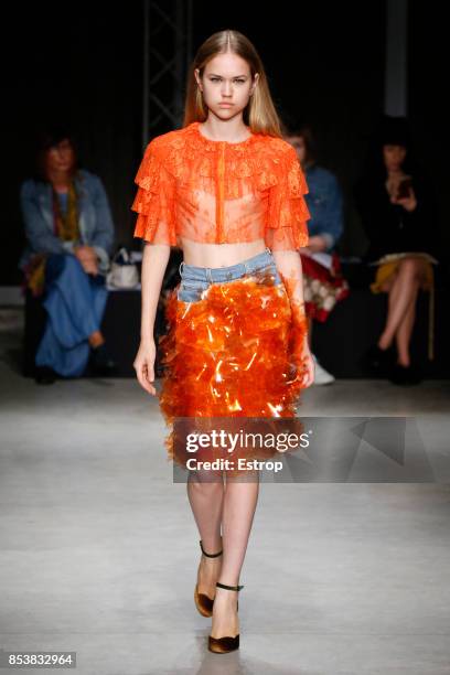 Model walks the runway at the Daizy Shely show during Milan Fashion Week Spring/Summer 2018 on September 25, 2017 in Milan, Italy.