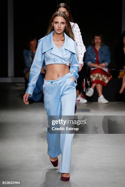 Model walks the runway at the Daizy Shely show during Milan Fashion Week Spring/Summer 2018 on September 25, 2017 in Milan, Italy.