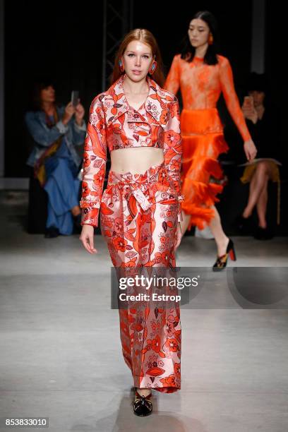 Model walks the runway at the Daizy Shely show during Milan Fashion Week Spring/Summer 2018 on September 25, 2017 in Milan, Italy.