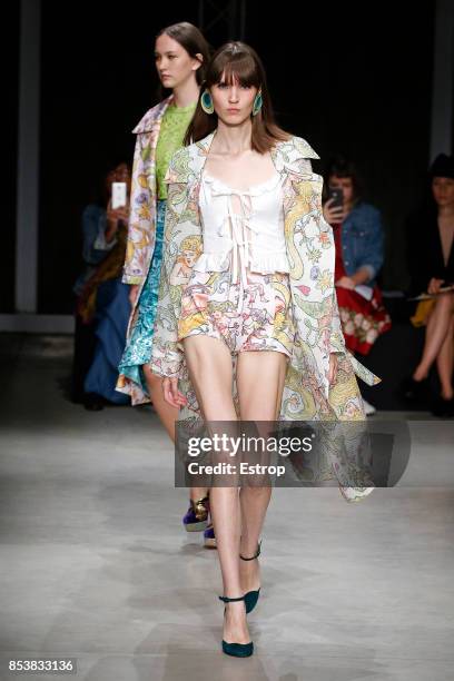 Model walks the runway at the Daizy Shely show during Milan Fashion Week Spring/Summer 2018 on September 25, 2017 in Milan, Italy.