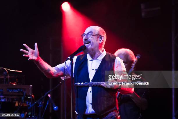 British singer and musician Ian Anderson of Jethro Tull performs live on stage during a concert at the Admiralspalast on September 25, 2017 in...