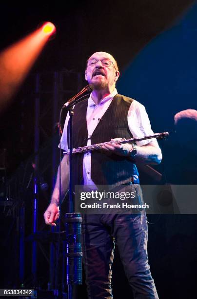 British singer and musician Ian Anderson of Jethro Tull performs live on stage during a concert at the Admiralspalast on September 25, 2017 in...