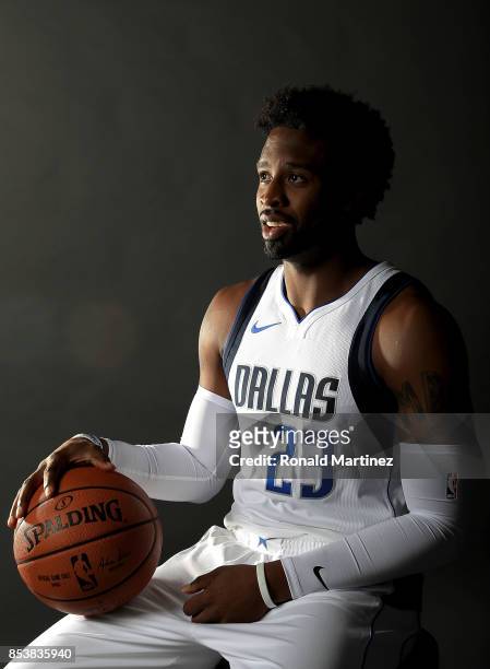 Wesley Matthews of the Dallas Mavericks poses for a portrait during Dallas Mavericks media day at American Airlines Center on September 25, 2017 in...