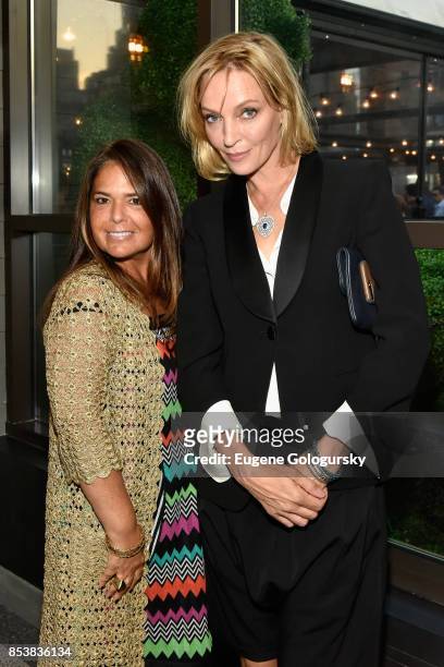 Melissa Pordy and Uma Thurman attend the celebration of DuJour's fall cover star Uma Thurman at The Magic Hour at Moxy Times Square on September 25,...