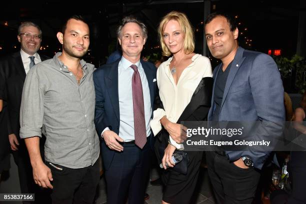 Jason Binn, Uma Thurman and guests attend the celebration of DuJour's fall cover star Uma Thurman at The Magic Hour at Moxy Times Square on September...