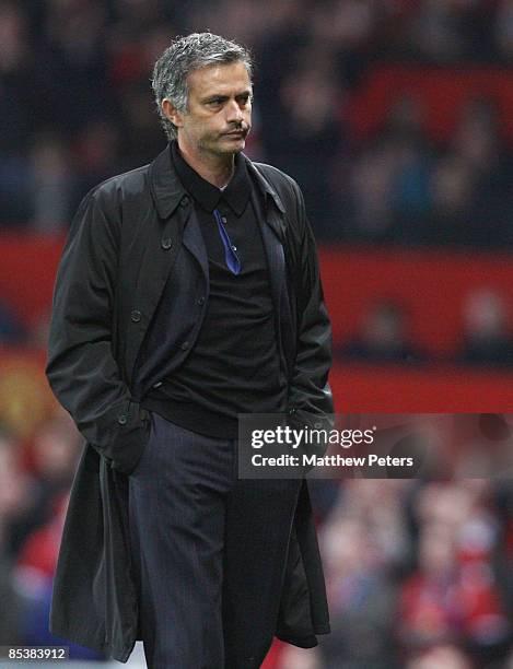 Jose Mourinho of Inter Milan looks disappointed at the final whistle of the UEFA Champions League First Knockout Round Second Leg match between...