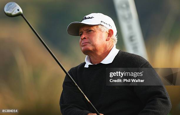 Peter Senior of Australia tees off on the 14th during day one of the New Zealand Men's Open Championship at The Hills Golf Club on March 12, 2009 in...