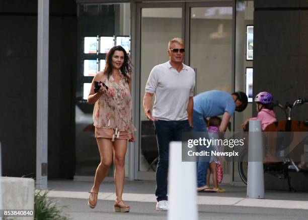 Actor Dolph Lundgren and Jenny Sandersson walk around Broadbeach on the Gold Coast, Queensland. Dolph Lundgren is currently filming Aquaman.