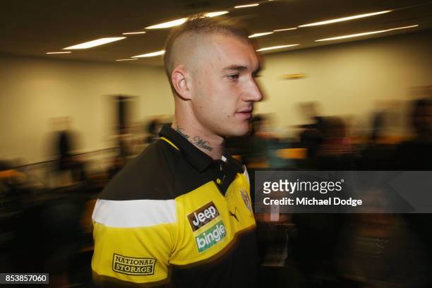 Dustin Martin, a winner of the Brownlow medal last night, leaves his press conference ahead of the Richmond Tigers AFL training session at Punt Road...