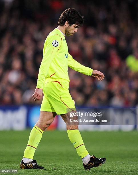 Juninho Pernambucano of Lyon trudges off the pitch after receiving a red card during the UEFA Champions League, First knock-out round, second leg...