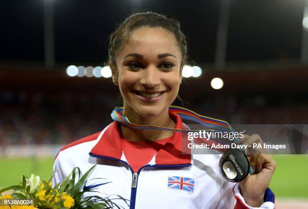 Great Britain's Jodie Williams with her silver medal after coming second in the Women's 200m final during day four of the 2014 European Athletics...