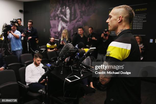 Dustin Martin, a winner of the Brownlow medal last night, ahead of the Richmond Tigers AFL training session at Punt Road Oval on September 26, 2017...