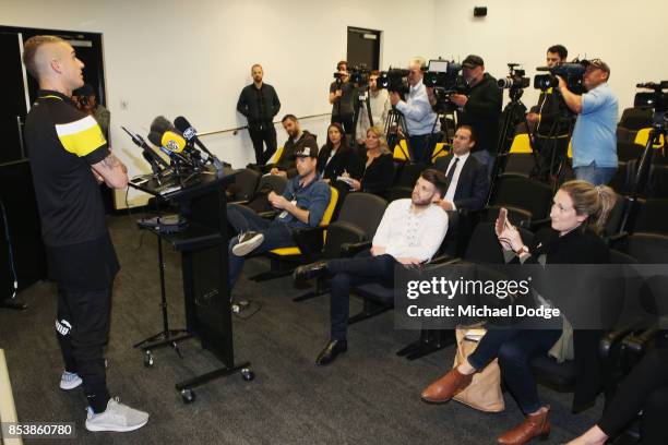 Dustin Martin, a winner of the Brownlow medal last night, ahead of the Richmond Tigers AFL training session at Punt Road Oval on September 26, 2017...