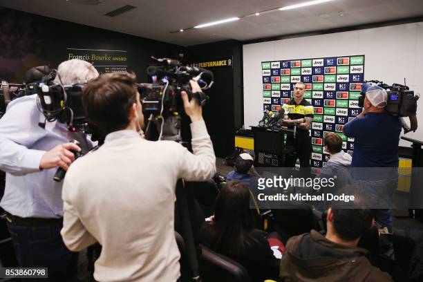 Dustin Martin, a winner of the Brownlow medal last night, ahead of the Richmond Tigers AFL training session at Punt Road Oval on September 26, 2017...