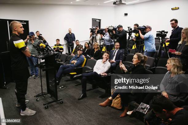 Dustin Martin, a winner of the Brownlow medal last night, ahead of the Richmond Tigers AFL training session at Punt Road Oval on September 26, 2017...