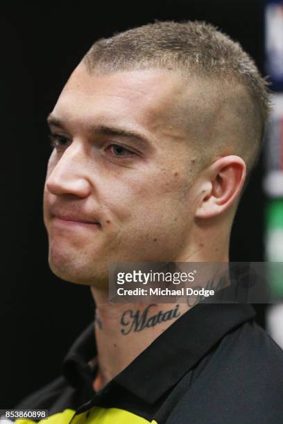 Dustin Martin, a winner of the Brownlow medal last night, speaks to media ahead of the Richmond Tigers AFL training session at Punt Road Oval on...