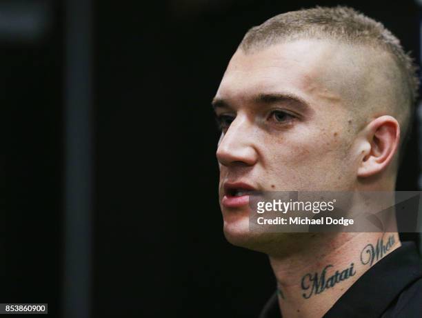 Dustin Martin, a winner of the Brownlow medal last night, speaks to media ahead of the Richmond Tigers AFL training session at Punt Road Oval on...