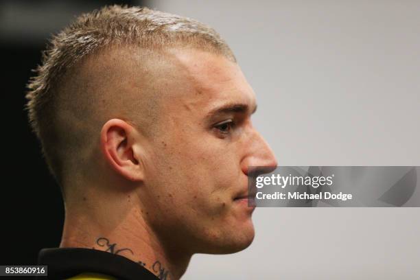 Dustin Martin, a winner of the Brownlow medal last night, speaks to media ahead of the Richmond Tigers AFL training session at Punt Road Oval on...