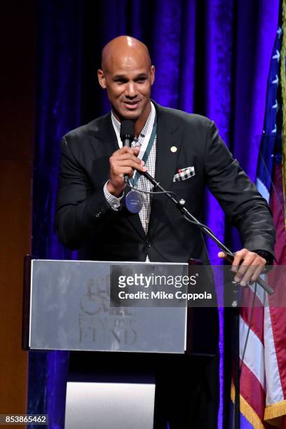 Honoree Jason Taylor speaks onstage at the 32nd Annual Great Sports Legends Dinner To Benefit The Miami Project/Buoniconti Fund To Cure Paralysis at...