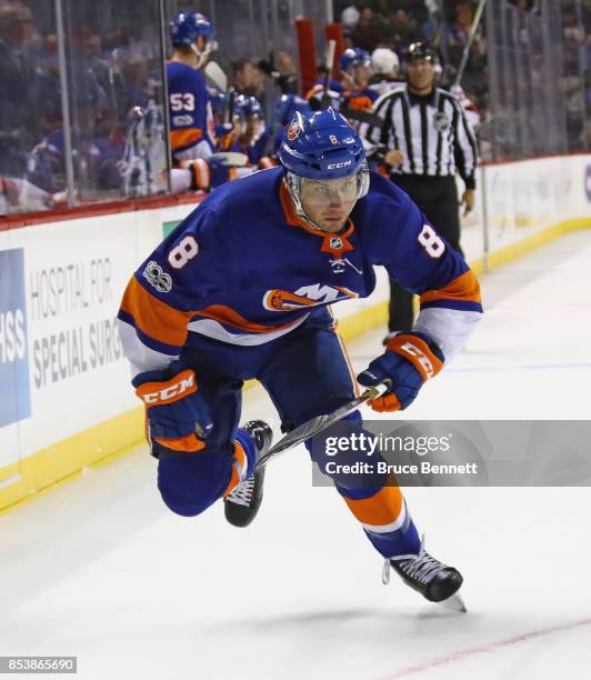 Steve Bernier of the New York Islanders skates against the New Jersey Devils during a preseason game at the Barclays Center on September 25, 2017 in...