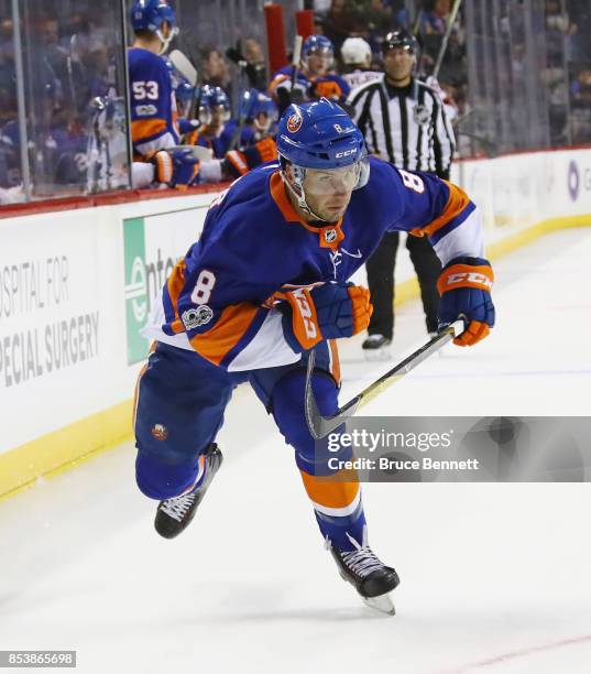 Steve Bernier of the New York Islanders skates against the New Jersey Devils during a preseason game at the Barclays Center on September 25, 2017 in...