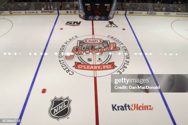 Centre ice and partnership logos for the 2017 Kraft Hockeyville Canada game between the New Jersey Devils and Ottawa Senators at Credit Union Place...