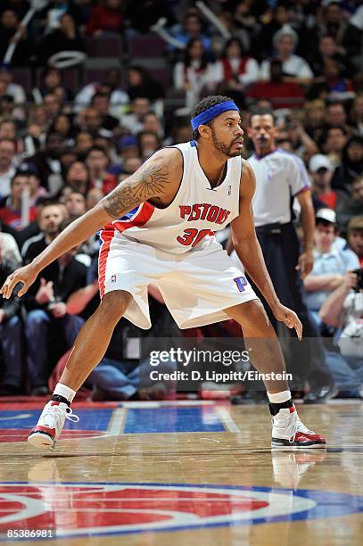 Rasheed Wallace of the Detroit Pistons looks up court during the game against the Denver Nuggets on March 3, 2009 at The Palace of Auburn Hills in...