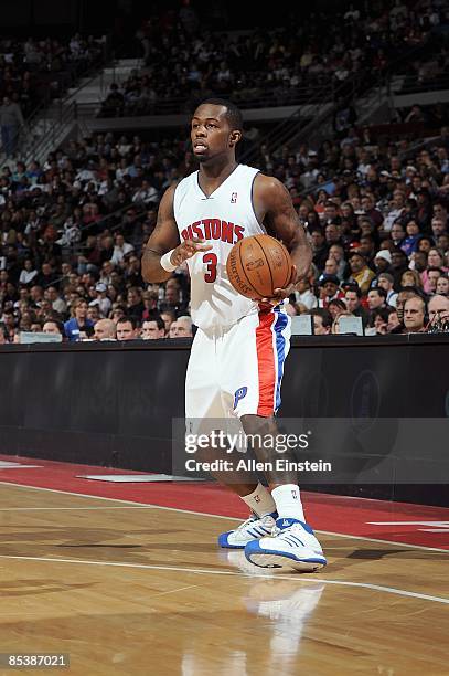 Rodney Stuckey of the Detroit Pistons drives the ball to the basket during the game against the Denver Nuggets on March 3, 2009 at The Palace of...
