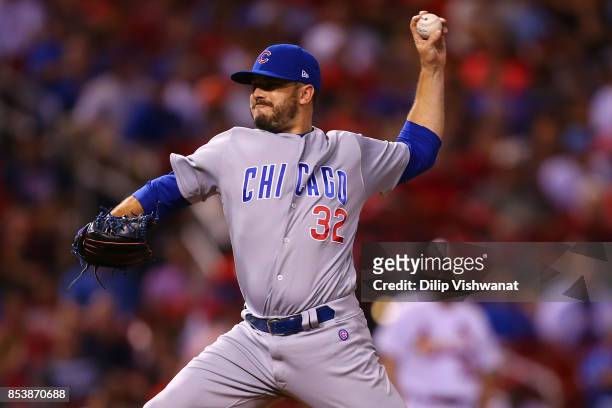 Brian Duensing of the Chicago Cubs pitches against the St. Louis Cardinals in the seventh inning at Busch Stadium on September 25, 2017 in St. Louis,...