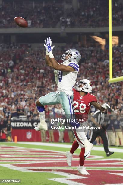 Wide receiver Brice Butler of the Dallas Cowboys grabs a 37 yard touchdown pass over cornerback Justin Bethel of the Arizona Cardinals during the...