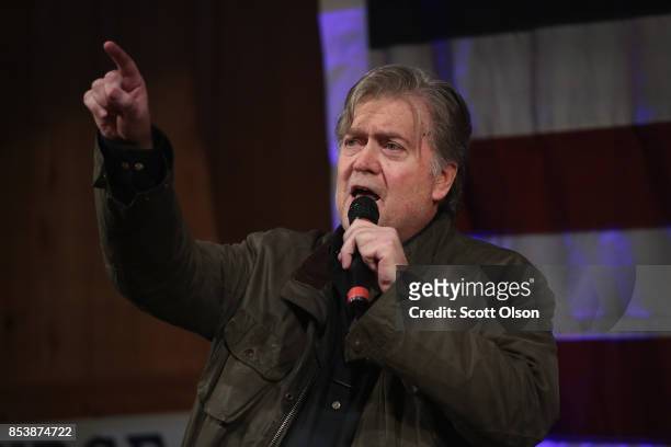 Former advisor to President Donald Trump and executive chairman of Breitbart News, Steve Bannon, speaks at a campaign event for Republican candidate...