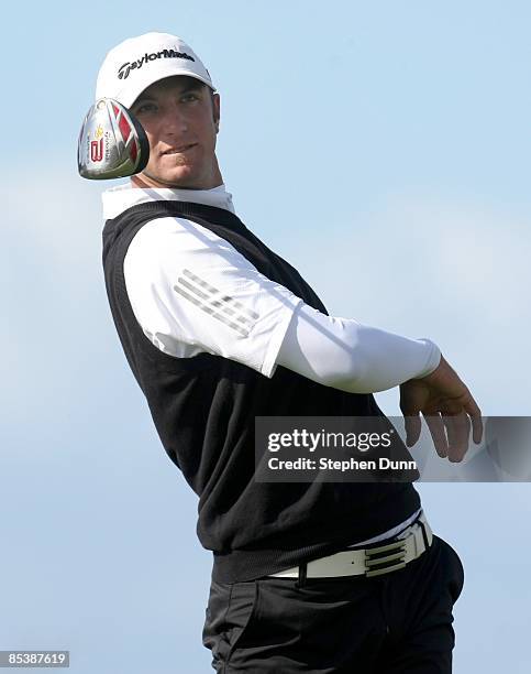Dustin Johnson hits his tee shot on the sixth hole at Spyglass Hill Golf Course during the second round of the the AT&T Pebble Beach National Pro-Am...