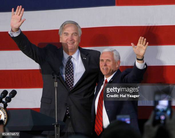 Vice President Mike Pence joins Sen. Luther Strange at a campaign rally at HealthSouth Aviation on September 25, 2017 in Birmingham, Alabama....