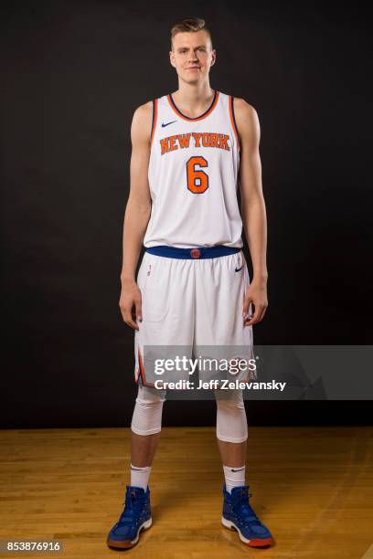 Kristaps Porzingis of the New York Knicks is photographed at New York Knicks Media Day on September 25, 2017 in Greenburgh, New York.