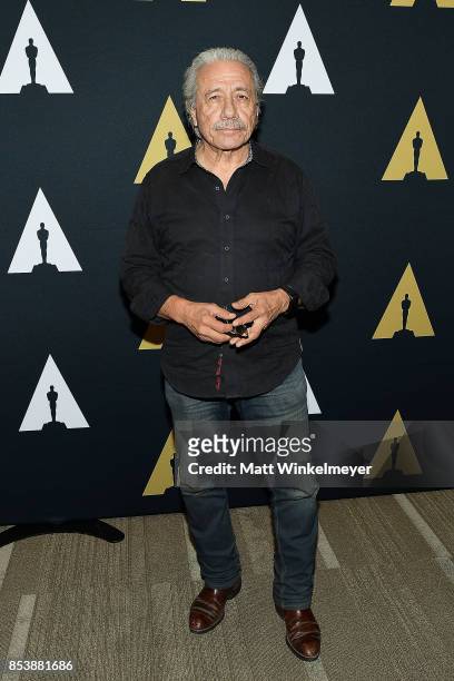 Edward James Olmos attends the Academy Museum of Motion Pictures screens "Zoot Suit" at AMPAS Samuel Goldwyn Theater on September 25, 2017 in Beverly...