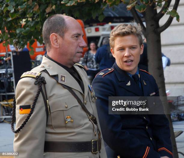 Miguel Ferrer and Christopher Egan on location for "Kings" on September 24, 2008 in New York City.