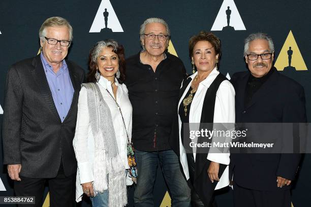 Peter Burrell, Rose Portillo, Edward James Olmos, Alma Martinez, and Luis Valdez attend the Academy Museum of Motion Pictures screens "Zoot Suit" at...