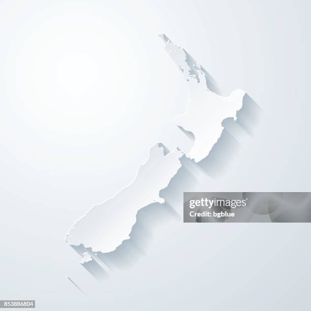 neuseeland-karte mit papier geschnitten wirkung auf leeren hintergrund - new zealand map stock-grafiken, -clipart, -cartoons und -symbole