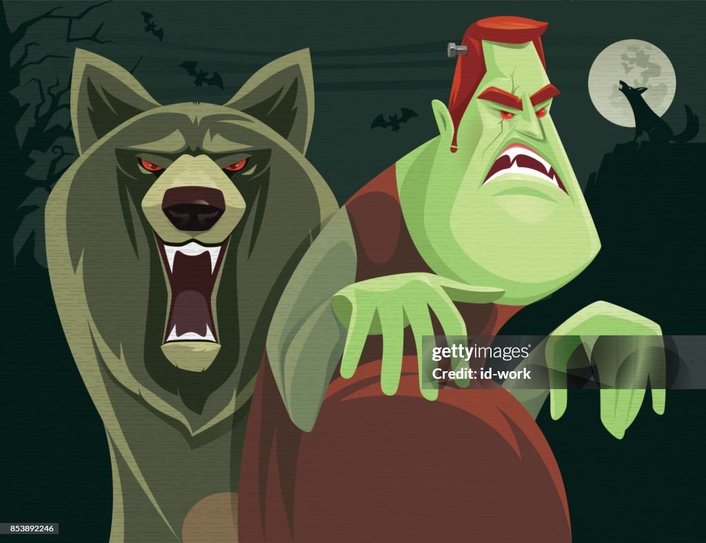 Angry zombie and wolf