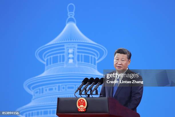 Chinese President Xi Jinping speaks during the 86th INTERPOL General Assembly at Beijing National Convention Center on September 26, 2017 in Beijing,...
