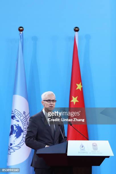 Secretary General Interpol Jurgen Stock speaks during the 86th INTERPOL General Assembly at Beijing National Convention Center on September 26, 2017...