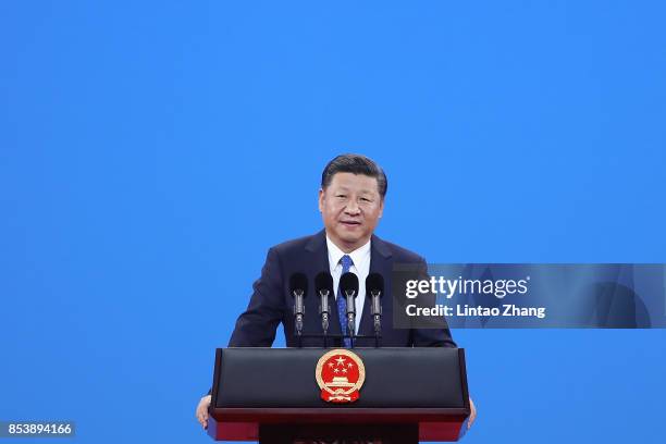 Chinese President Xi Jinping speaks during the 86th INTERPOL General Assembly at Beijing National Convention Center on September 26, 2017 in Beijing,...